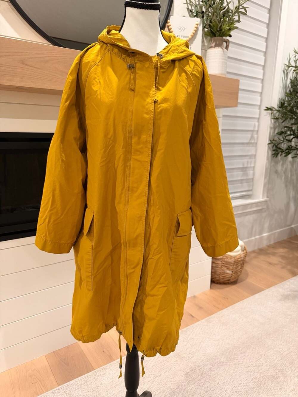 Eileen Fisher Mustard Yellow Hooded Anorak Rain Jacket with 3/4 Sleeves